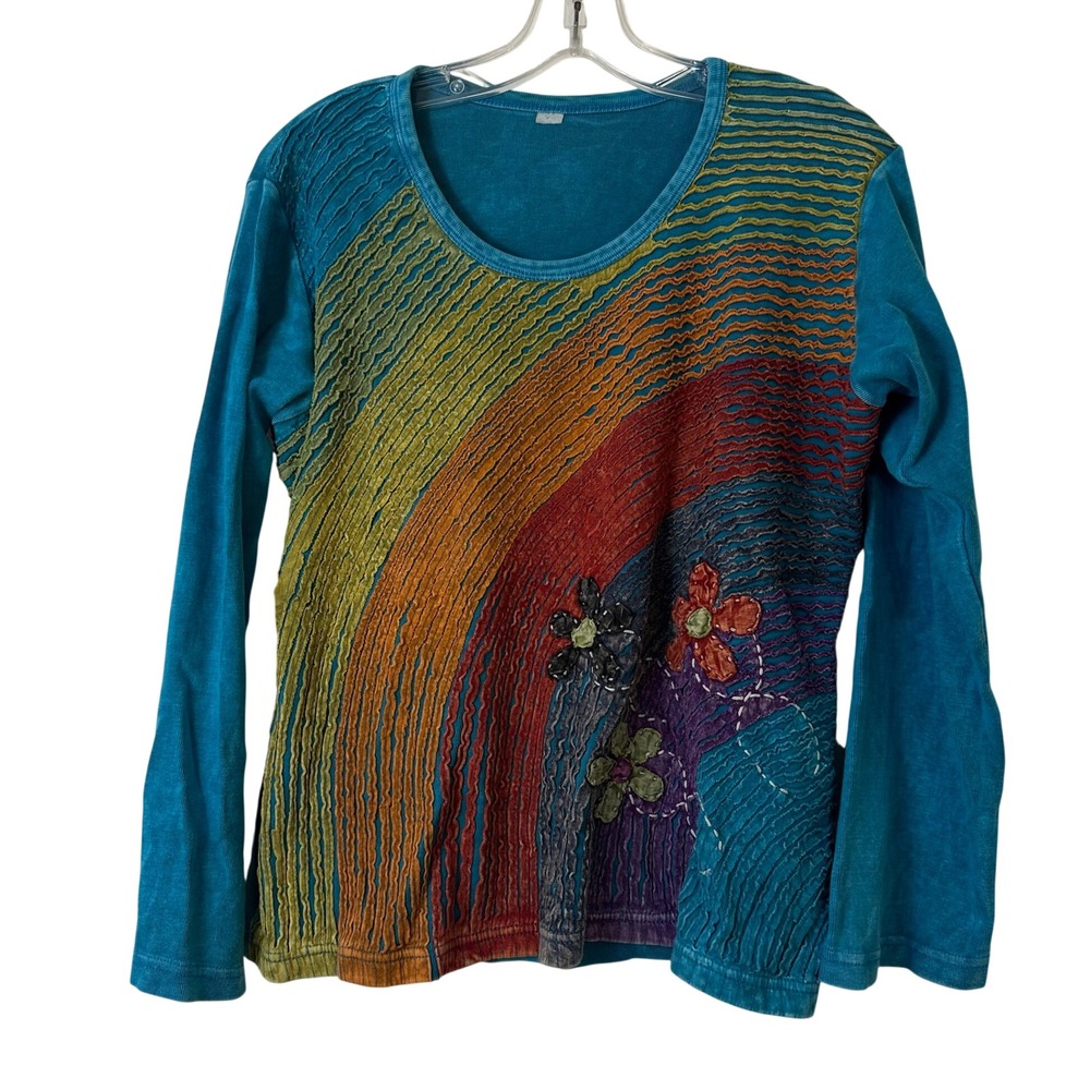 Rainbow Textured Floral Long Sleeve Top Teal Ribbed Knit L/XL